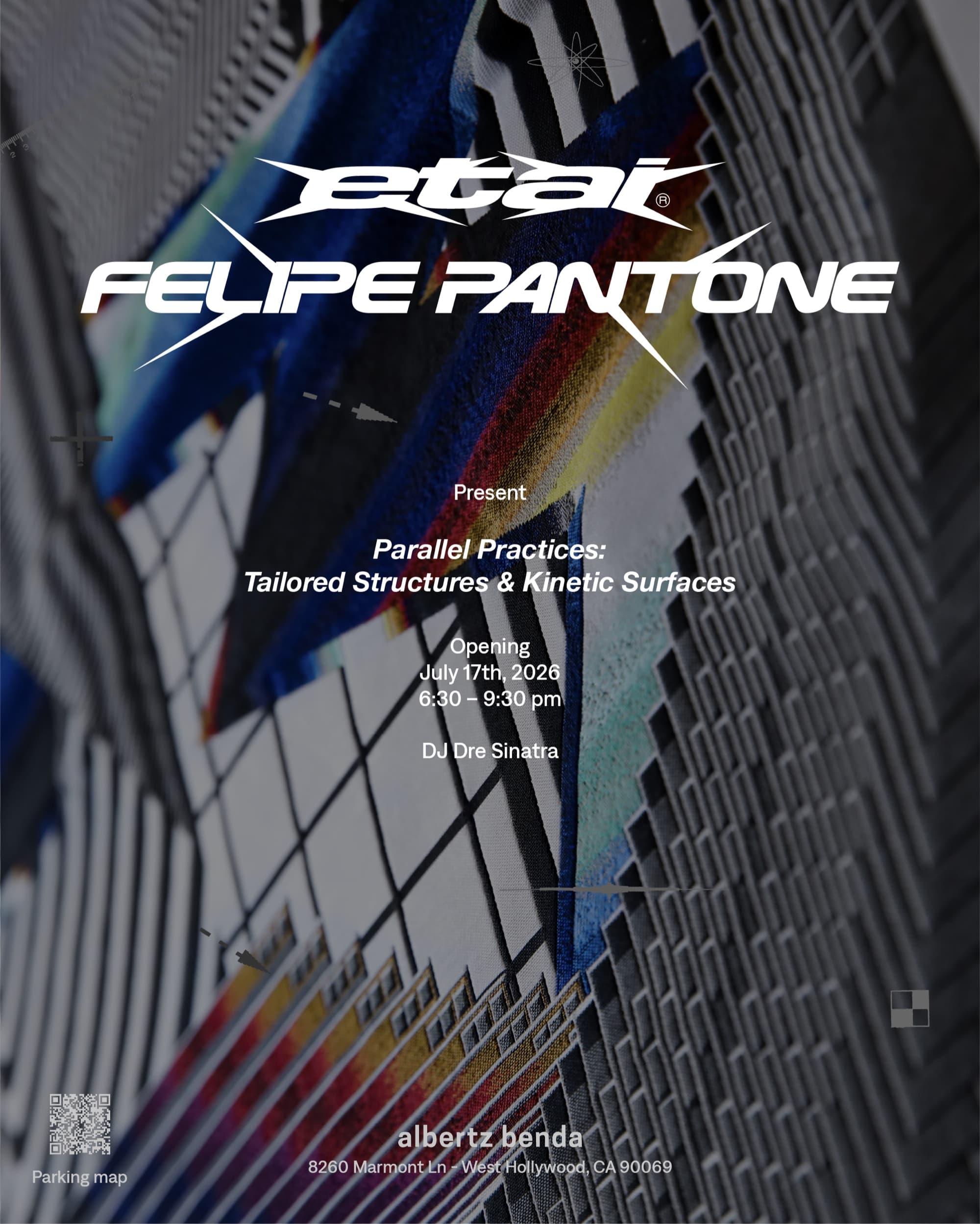 Flyer de la inauguración de Parallel Practices — Etai y Felipe Pantone en albertz benda