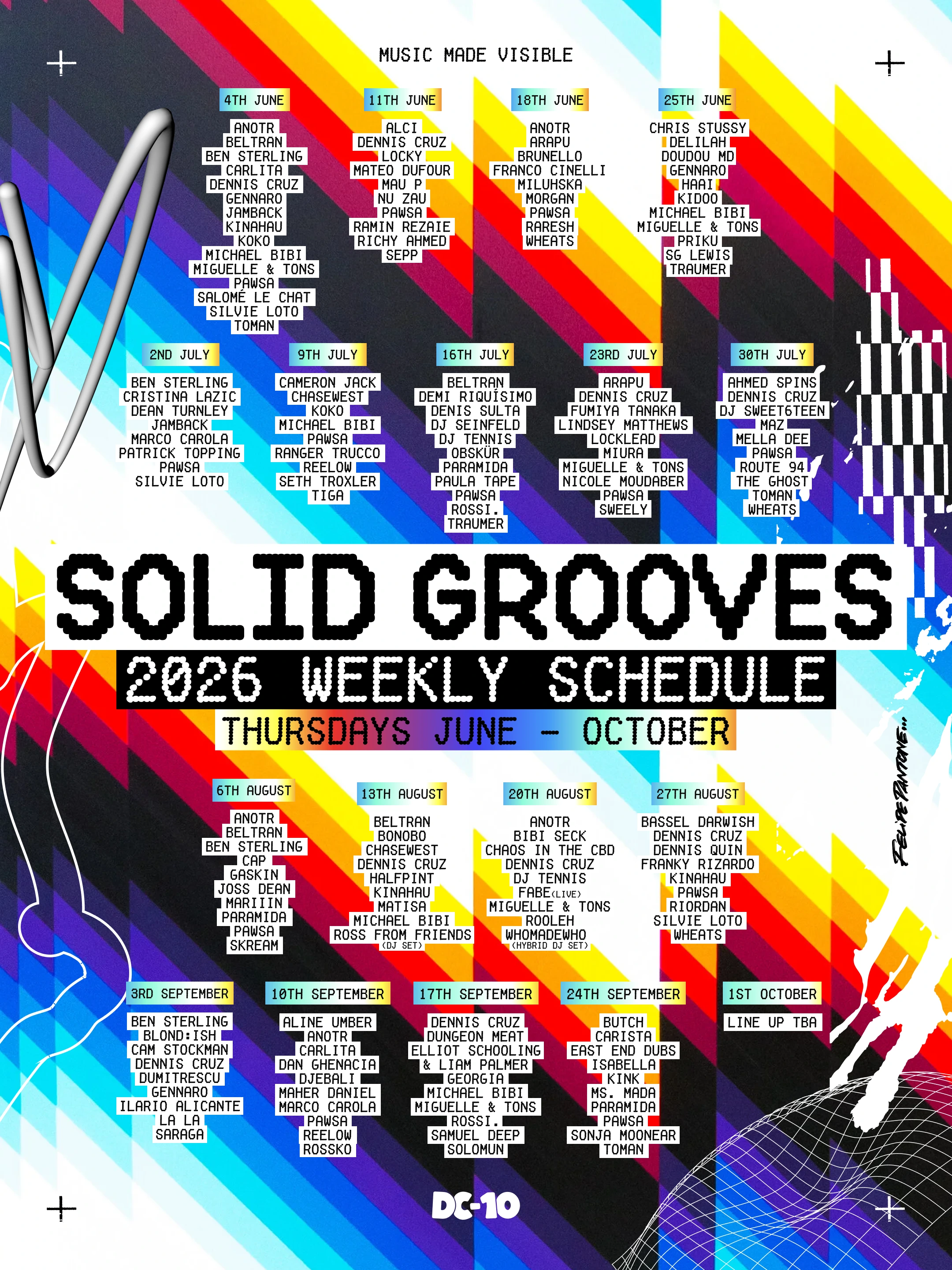 Solid Grooves — Music Made Visible — El cartel de la temporada: los dieciocho jueves y el line-up completo. Cortesía Solid Grooves / DC-10.