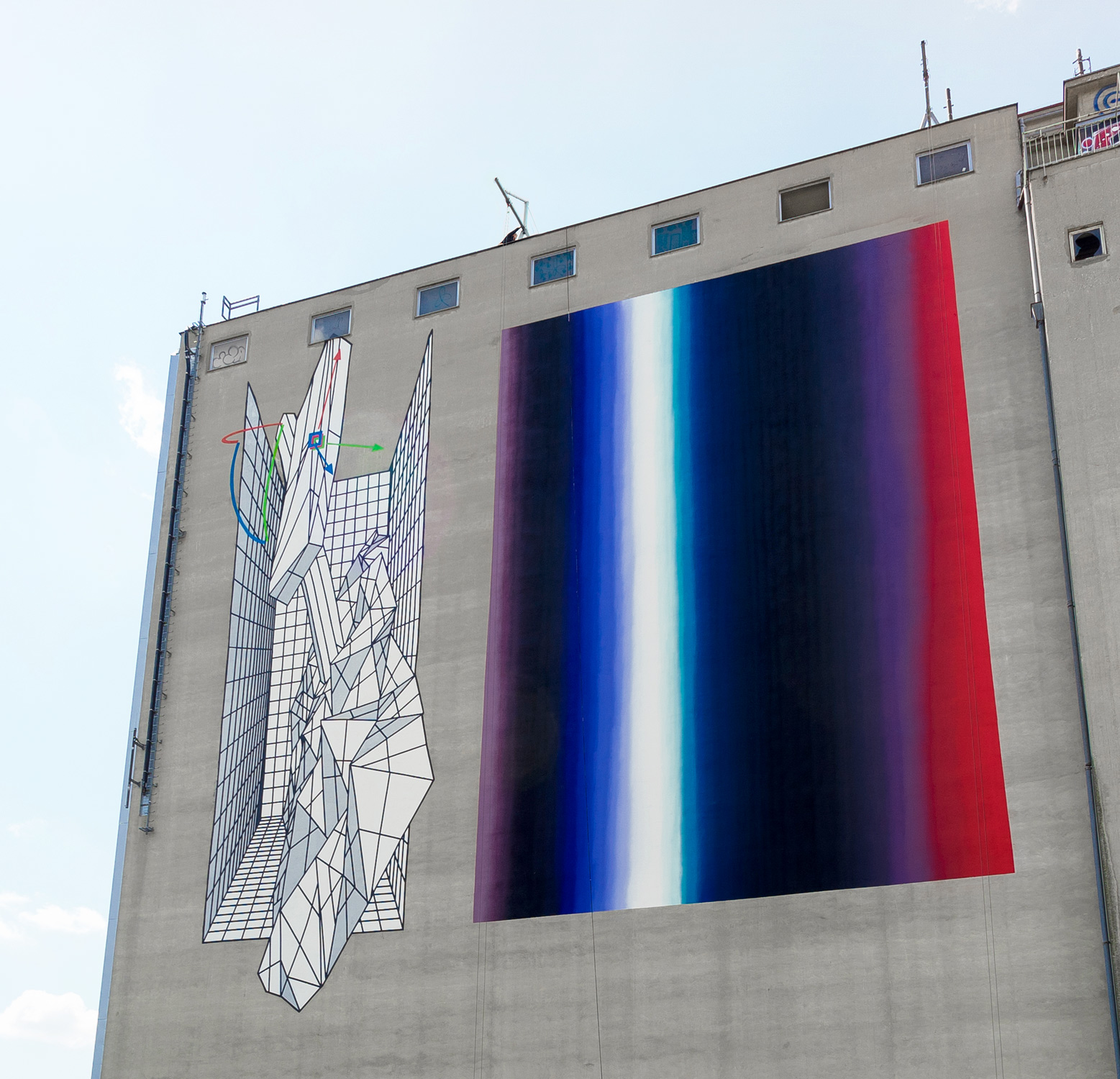 Encapsulated motion and Chromachrome study in 400 m², 2015 — El muro en ángulo, con el wireframe a la izquierda.