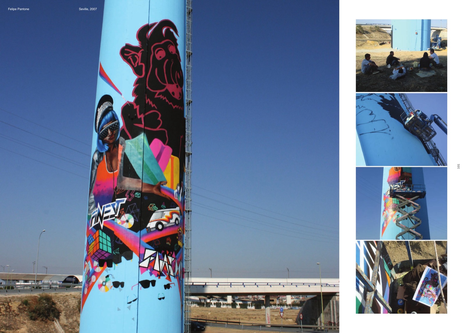 Sevilla, 2007. Torre de agua: Alf, cubo de Rubik, "FINEST". Pintada desde plataformas elevadoras a partir de referencia impresa. Libro de graffiti, pp. 100–101.