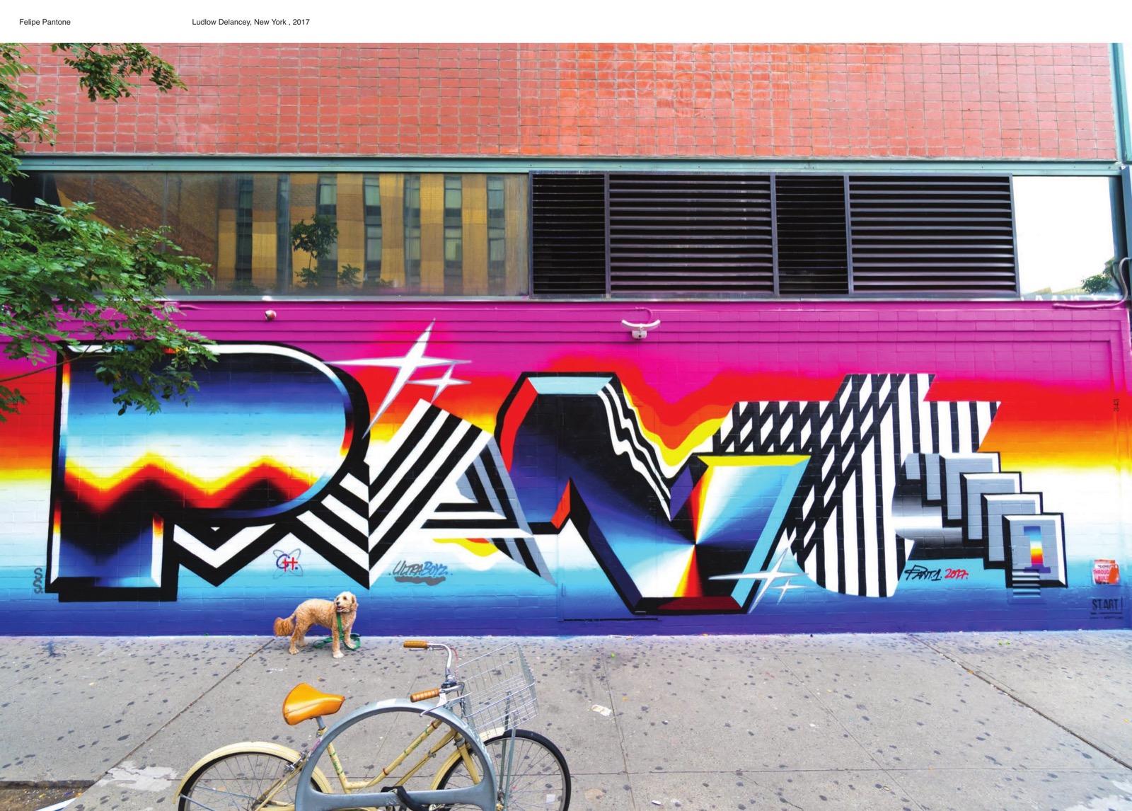 Ludlow y Delancey, Nueva York, 2017. PANT 1 gigante sobre degradado magenta-azul. El grafiti no se detiene durante los años de estudio.