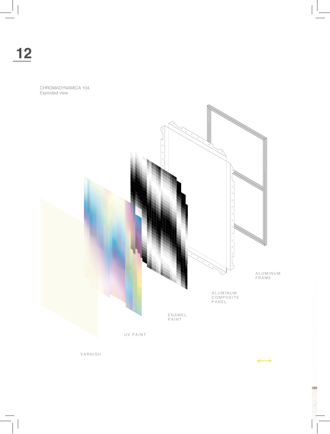 Chromadynamica 104 (2019), despiece técnico: bastidor de aluminio, panel composite, esmalte, pintura UV, barniz. Lámina de la monografía que FPSTUDIO edita en julio de 2021 — el estudio como editorial.