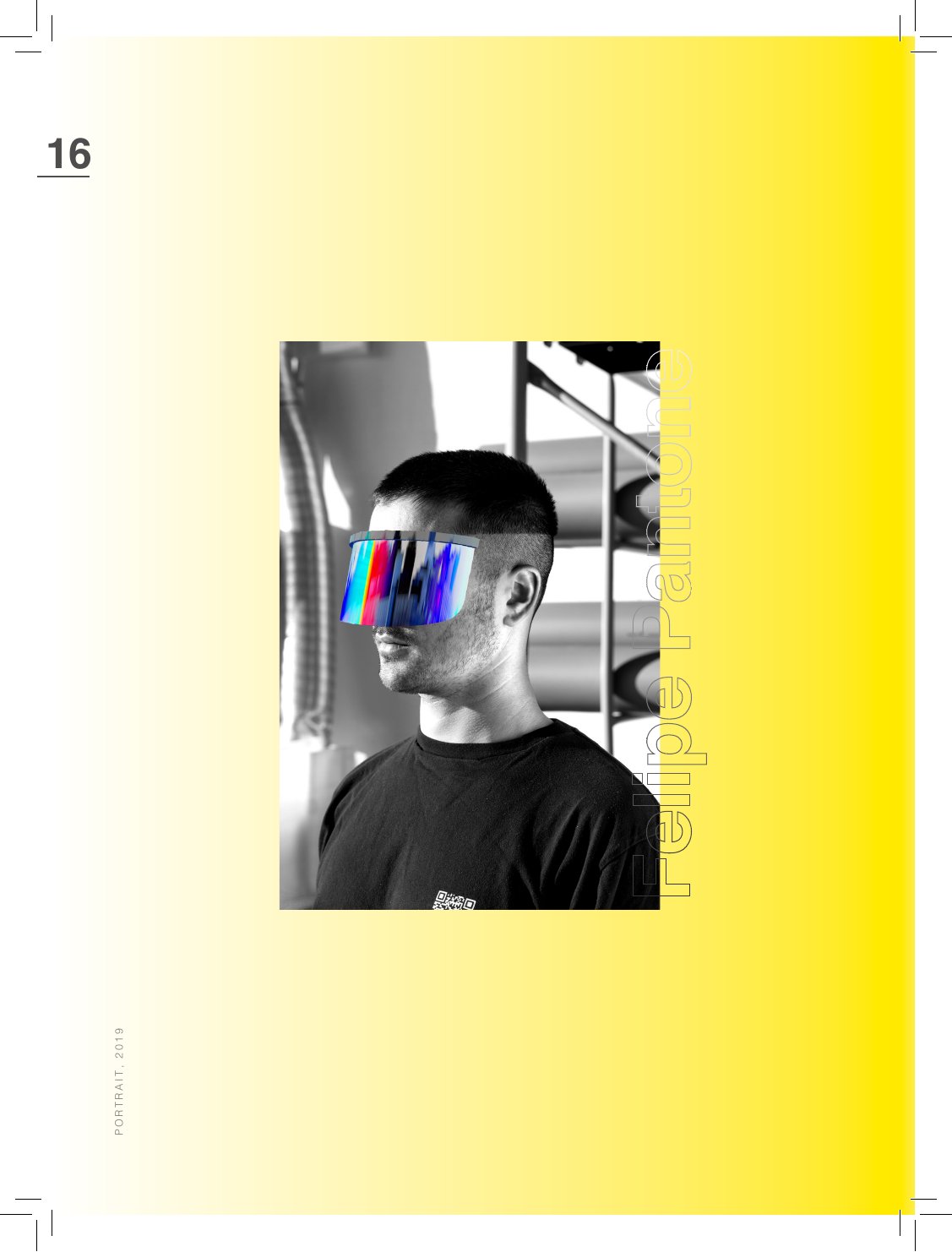 PORTRAIT, 2019: visor iridiscente sobre el rostro, camiseta con código QR. Página en tinta fluorescente de la monografía FPSTUDIO, 2021.