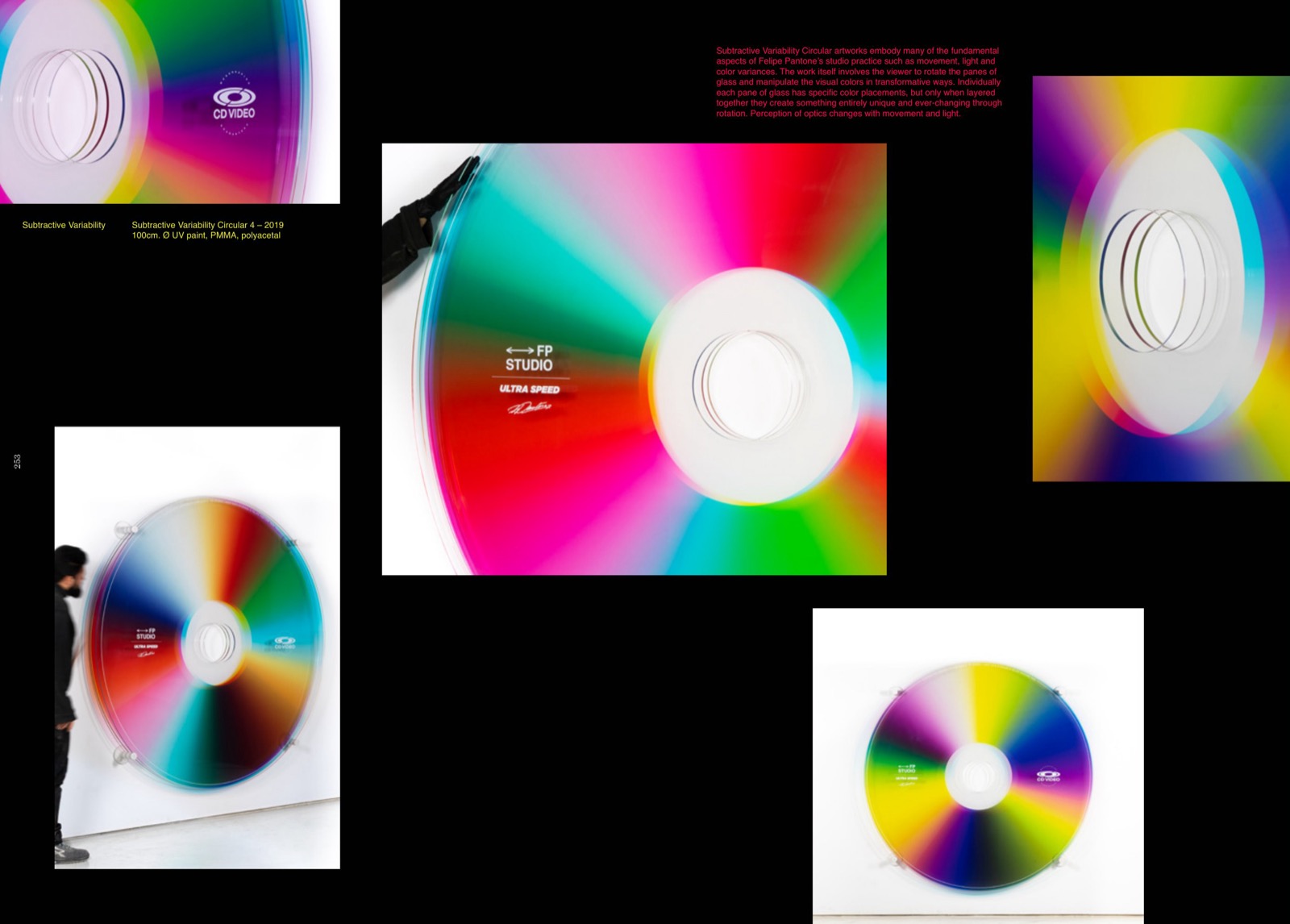 Subtractive Variability Circular 4 (2019): discos giratorios de gran formato sobre negro. Doble página de Praesentia, cerrado en julio de 2020 y publicado en junio de 2022 (Beyond the Streets × Gingko Press).