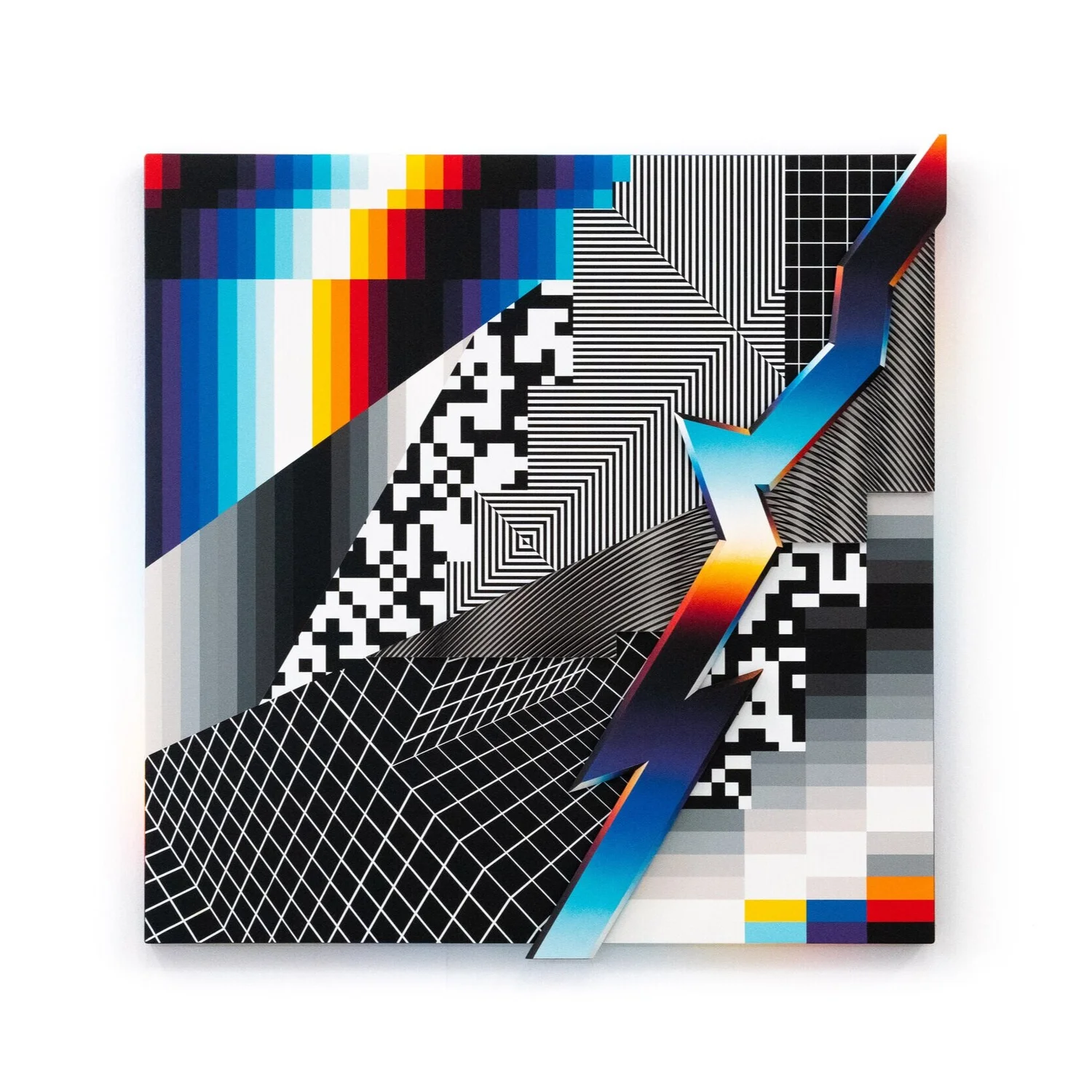 W3-Dimensional · panel — tinta UV y esmalte, el rayo extruido